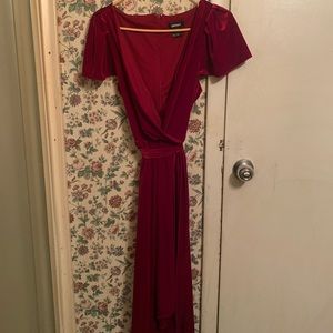 DKNY red velvet flutter midi dress with bow accent wraparound.  Worn once!